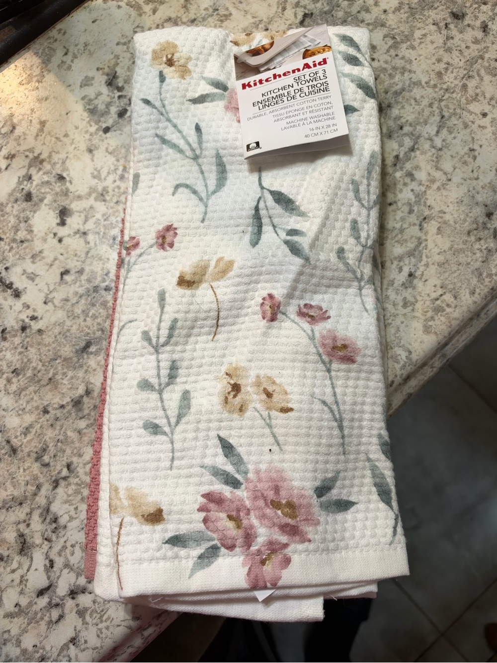 KitchenAid White Floral Kitchen Towels with Pink and Green Accents - Set of 2